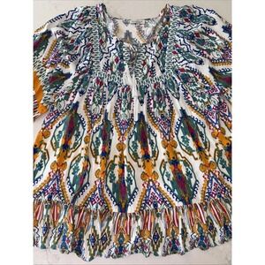 Rachel Zoe Tunic Y2K Geo Print Baby Doll Top Women's 1X Rayon Ruffle Blouse Boho